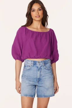 Tops*bobi Los Angeles BOATNECK SHIRRED 3/4 SLEEVE TOP ACAI