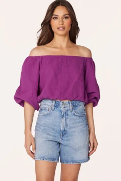 Tops*bobi Los Angeles BOATNECK SHIRRED 3/4 SLEEVE TOP ACAI
