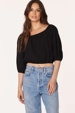 Tops*bobi Los Angeles BOATNECK SHIRRED 3/4 SLEEVE TOP BLACK