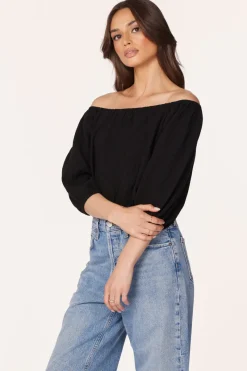 Tops*bobi Los Angeles BOATNECK SHIRRED 3/4 SLEEVE TOP BLACK
