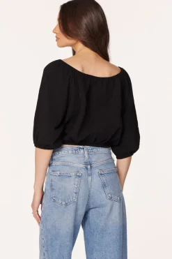 Tops*bobi Los Angeles BOATNECK SHIRRED 3/4 SLEEVE TOP BLACK