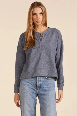 Sweaters|Tops*bobi Los Angeles BOXY HENLEY SWEATSHIRT BLUE
