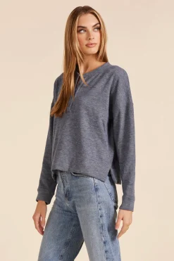 Sweaters|Tops*bobi Los Angeles BOXY HENLEY SWEATSHIRT BLUE