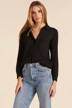 Tops*bobi Los Angeles BUTTON FRONT COLLARED TEE BLACK