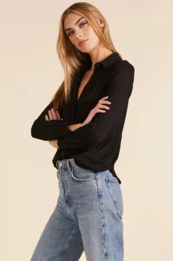 Tops*bobi Los Angeles BUTTON FRONT COLLARED TEE BLACK