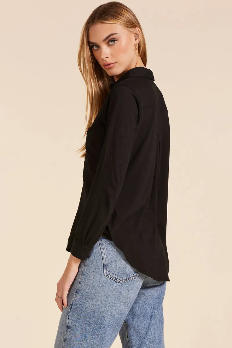 Tops*bobi Los Angeles BUTTON FRONT COLLARED TEE BLACK