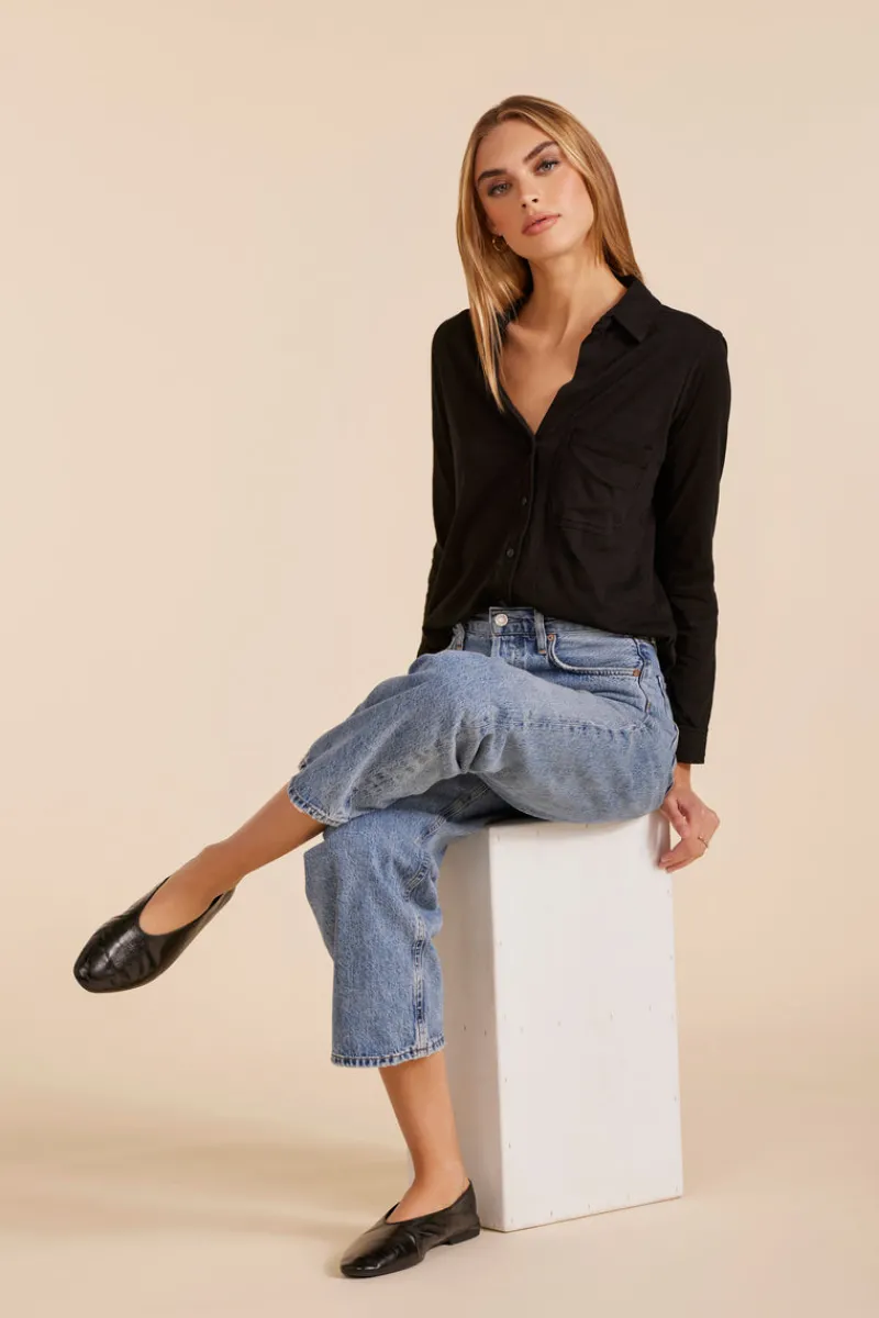 Tops*bobi Los Angeles BUTTON FRONT COLLARED TEE BLACK