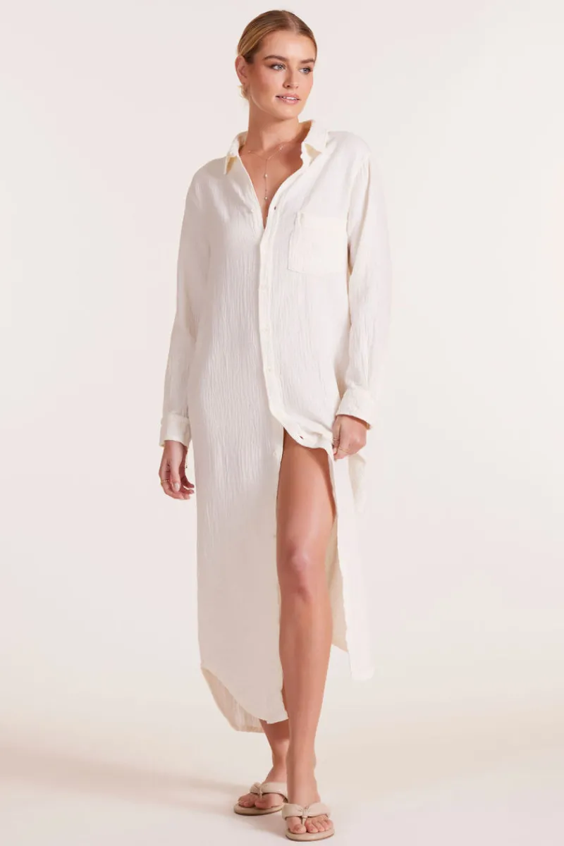 Dresses*bobi Los Angeles BUTTON FRONT MAXI SHIRT DRESS MACADAMIA