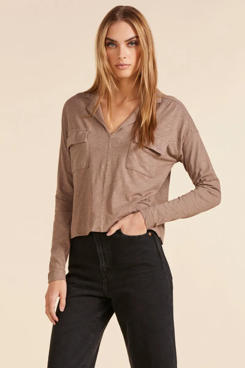 Tops*bobi Los Angeles COLLARED LONG SLEEVE TEE HAZELNUT