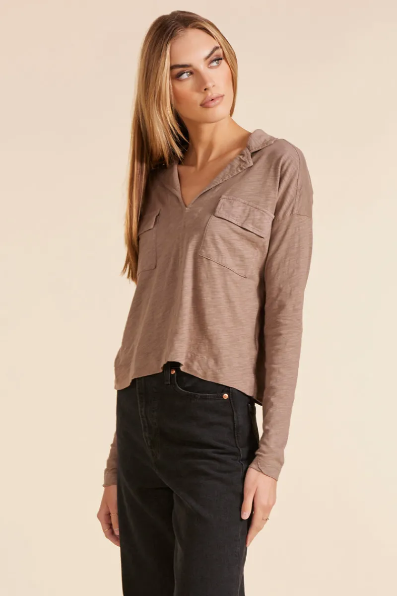 Tops*bobi Los Angeles COLLARED LONG SLEEVE TEE HAZELNUT