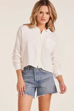Tops*bobi Los Angeles CROPPED COLLARED BUTTON DOWN MACADAMIA