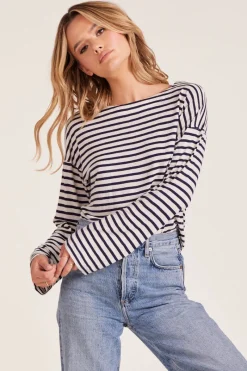 Tops*bobi Los Angeles DROP SHOULDER BOATNECK TOP NAVY STRIPE