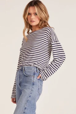 Tops*bobi Los Angeles DROP SHOULDER BOATNECK TOP NAVY STRIPE