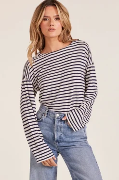 Tops*bobi Los Angeles DROP SHOULDER BOATNECK TOP NAVY STRIPE
