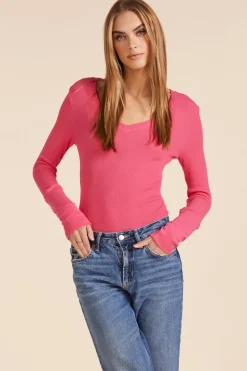 Tops*bobi Los Angeles FITTED V-NECK THERMAL TEE WITH LONG CUFFS HOT FUCHSIA