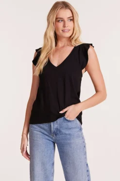 Tops*bobi Los Angeles FLUTTER SLEEVE RAGLAN V-NECK TEE BLACK