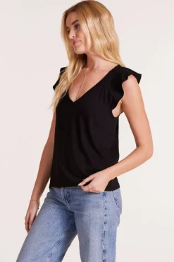 Tops*bobi Los Angeles FLUTTER SLEEVE RAGLAN V-NECK TEE BLACK