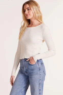 Tops*bobi Los Angeles LONG SLEEVE CREWNECK CURVE HEM TEE MACADAMIA