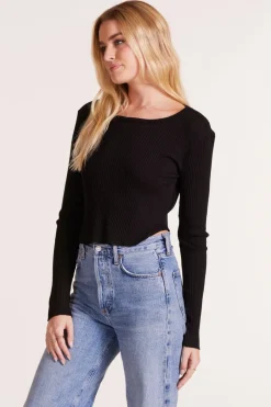 Tops*bobi Los Angeles LONG SLEEVE CREWNECK CURVE HEM TEE BLACK