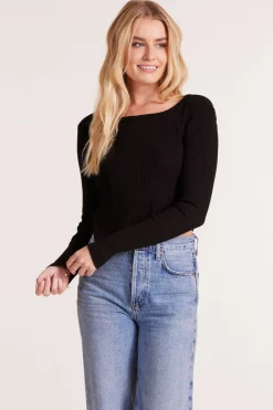 Tops*bobi Los Angeles LONG SLEEVE CREWNECK CURVE HEM TEE BLACK