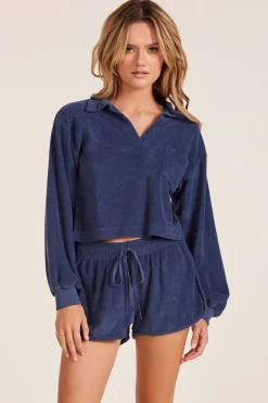 Tops*bobi Los Angeles LONG SLEEVE CROP POLO TEE PACIFIC BLUE