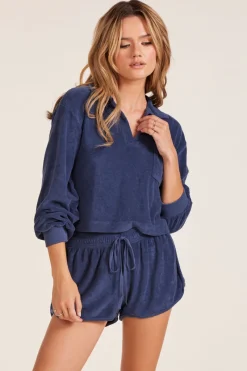 Tops*bobi Los Angeles LONG SLEEVE CROP POLO TEE PACIFIC BLUE