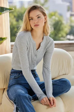 Tops*bobi Los Angeles LONG SLEEVE FITTED HENLEY HEATHER GREY