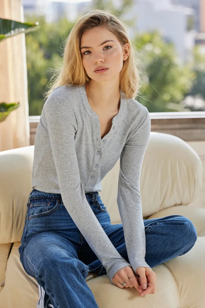 Tops*bobi Los Angeles LONG SLEEVE FITTED HENLEY HEATHER GREY