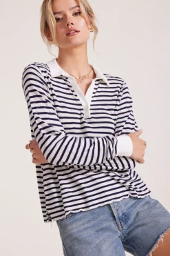 Tops*bobi Los Angeles LONG SLEEVE POLO TEE NAVY STRIPE