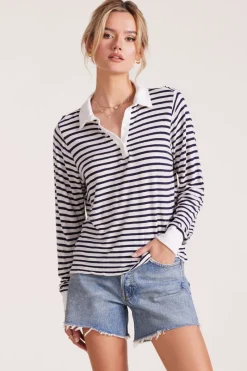 Tops*bobi Los Angeles LONG SLEEVE POLO TEE NAVY STRIPE