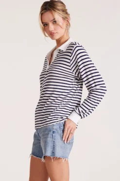 Tops*bobi Los Angeles LONG SLEEVE POLO TEE NAVY STRIPE