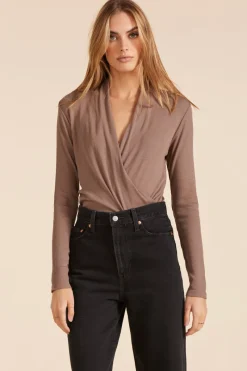 Tops*bobi Los Angeles LONG SLEEVE SURPLICE TOP HAZELNUT