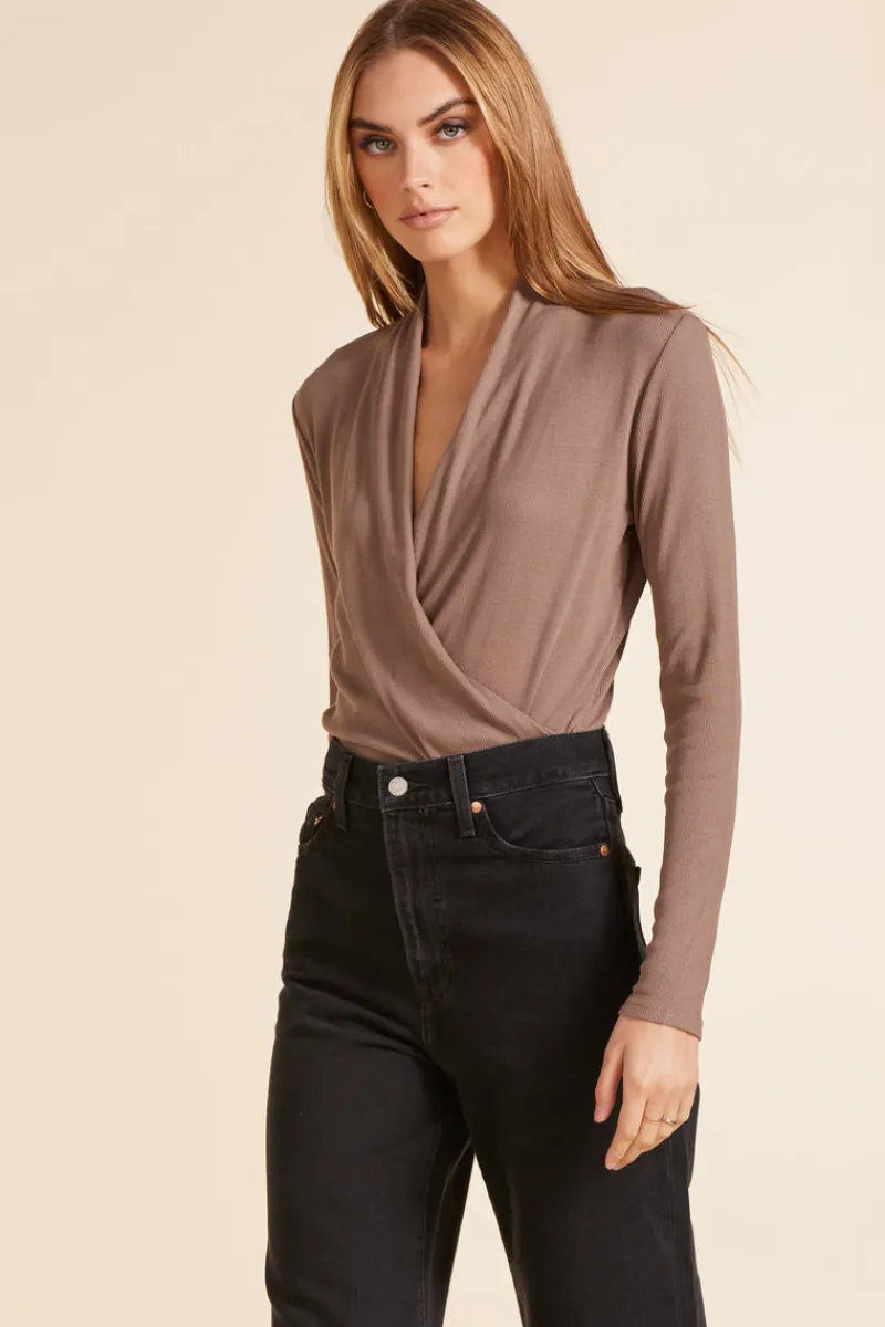 Tops*bobi Los Angeles LONG SLEEVE SURPLICE TOP HAZELNUT