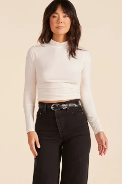 Tops*bobi Los Angeles MOCK NECK SHIRRED CROP TOP PARCHMENT