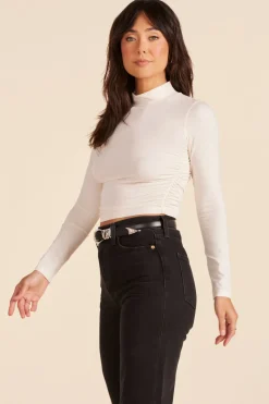 Tops*bobi Los Angeles MOCK NECK SHIRRED CROP TOP PARCHMENT