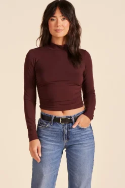 Tops*bobi Los Angeles MOCK NECK SHIRRED CROP TOP BROWN