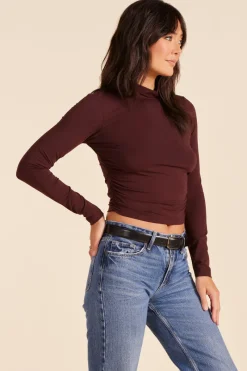 Tops*bobi Los Angeles MOCK NECK SHIRRED CROP TOP BROWN
