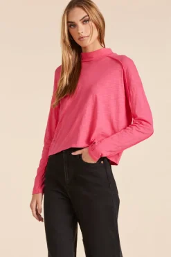 Tops*bobi Los Angeles MOCK NECK SLUBBED JERSEY TEE HOT FUCHSIA
