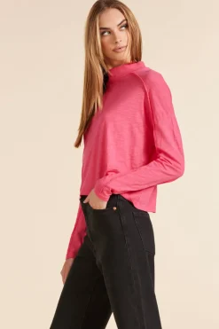 Tops*bobi Los Angeles MOCK NECK SLUBBED JERSEY TEE HOT FUCHSIA