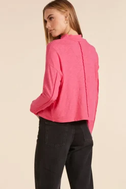 Tops*bobi Los Angeles MOCK NECK SLUBBED JERSEY TEE HOT FUCHSIA