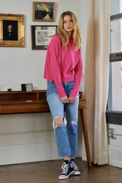 Tops*bobi Los Angeles MOCK NECK SLUBBED JERSEY TEE HOT FUCHSIA