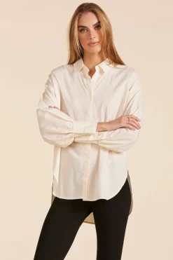 Tops*bobi Los Angeles OVERSIZED SHIRRED BUTTON FRONT BLOUSE MACADAMIA