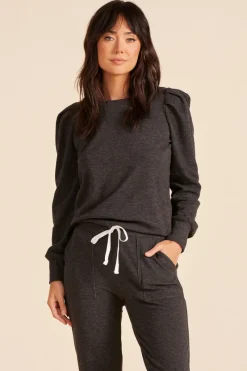 Tops*bobi Los Angeles PLEAT SLEEVE CREWNECK PULLOVER BLACK