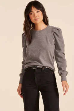 Tops*bobi Los Angeles PLEAT SLEEVE CREWNECK PULLOVER CHARCOAL