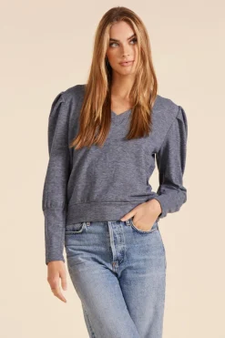 Sweaters|Tops*bobi Los Angeles PUFF SLEEVE V-NECK SWEATSHIRT BLUE