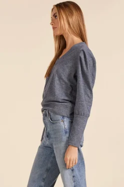 Sweaters|Tops*bobi Los Angeles PUFF SLEEVE V-NECK SWEATSHIRT BLUE