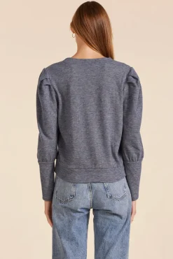 Sweaters|Tops*bobi Los Angeles PUFF SLEEVE V-NECK SWEATSHIRT BLUE