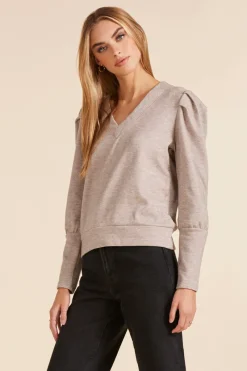 Sweaters|Tops*bobi Los Angeles PUFF SLEEVE V-NECK SWEATSHIRT TAN