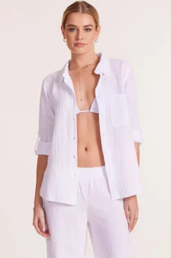 Tops*bobi Los Angeles ROLL SLEEVE BUTTON FRONT SHIRT WHITE