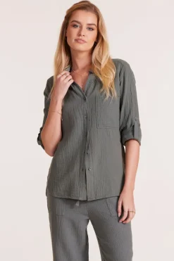 Tops*bobi Los Angeles ROLL SLEEVE BUTTON FRONT SHIRT DK SAGE